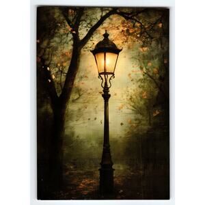 Vintage Halloween Photochrome Postcard with Glowing Lamp Post 5.5x4"